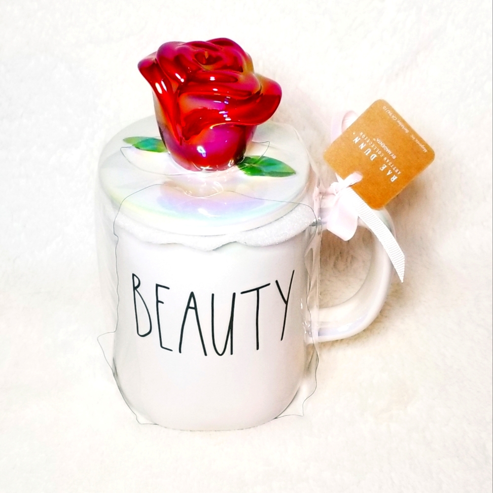 Rae Dunn Disney BEAUTY Double Sided Iridescent Mug with Rose Topper